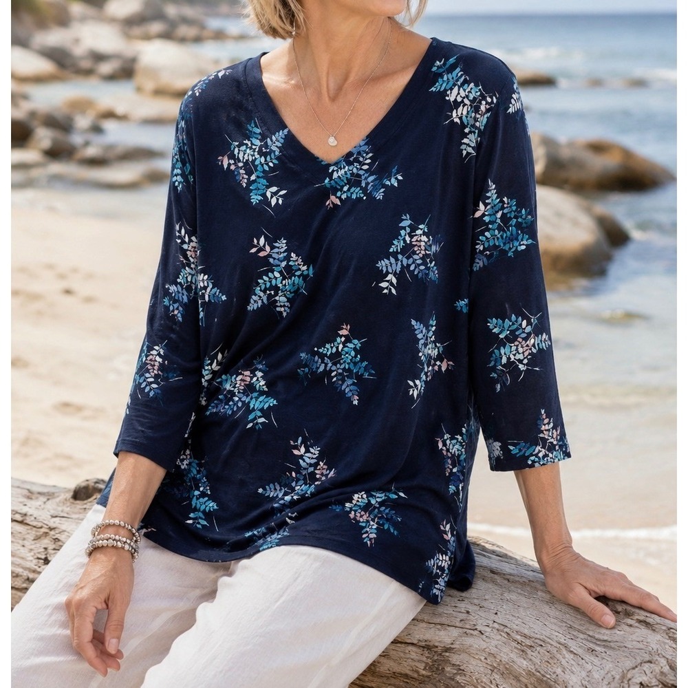 J. Jill Wearever Navy Blue Floral Leaf V-Neck 3/4 Sleeve Knit Top Large L